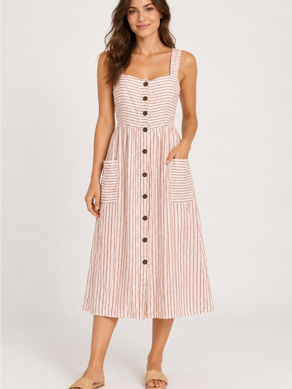 Artisan NY 100% Linen Striped Button-Front Midi Dress 10